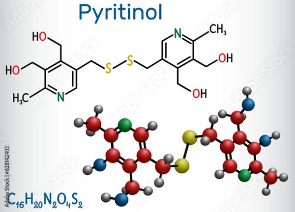 Fototapeta Pyritinol molecule, pyridoxine disulfide, cognitive drug. Сomponent of nootropic dietary supplements. Structural chemical formula, molecule model. Vector