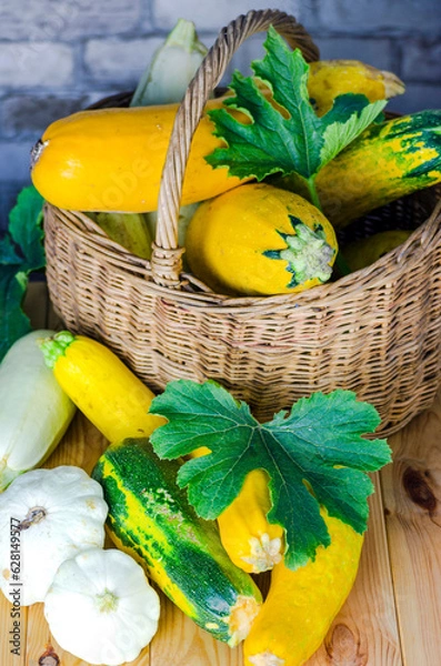 Fototapeta fresh zucchini and squash in a wicker basket