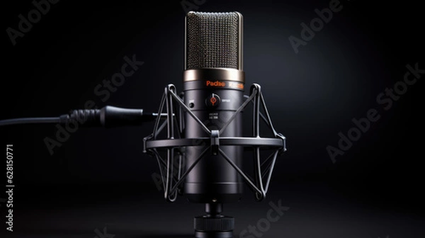Fototapeta Microphone on the table on dark background, close-up.