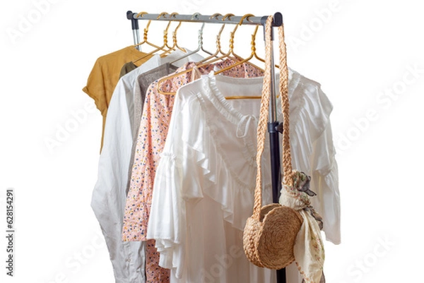 Fototapeta Second-hand clothes  on the rail. The concept of sustainable economic life. Sale of clothes. Summer women's clothing on the swap. Clothing store