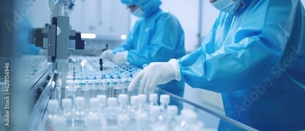 Obraz Pracownicy sprawdzają fiolki medyczne na linii produkcyjnej w fabryce farmaceutycznej, maszyna farmaceutyczna robocza butelki farmaceutyczne linia produkcyjna, generatywne sztuczne