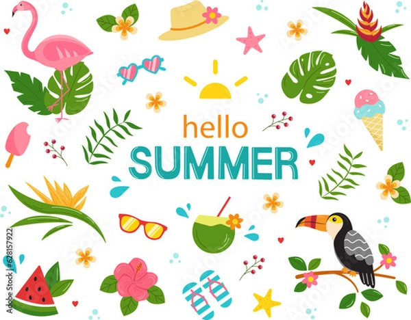 Fototapeta Set of cute summer design elements: flamingo, ice cream, drinks, palm leaves, accessories, fruits and flowers. Collection of bright elements for scrapbooking and beach party. Vector illustration