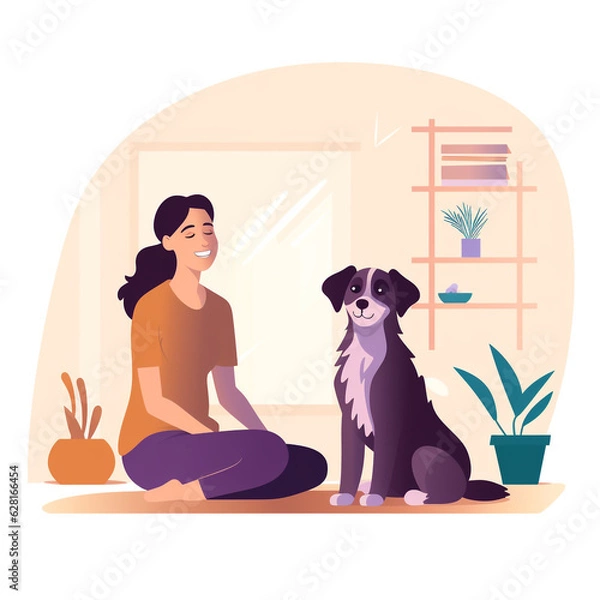 Fototapeta Illustration of a therapy dog with a human. These dogs are trained to provide affection, comfort and support to people in places where they are needed such as in hospitals.

