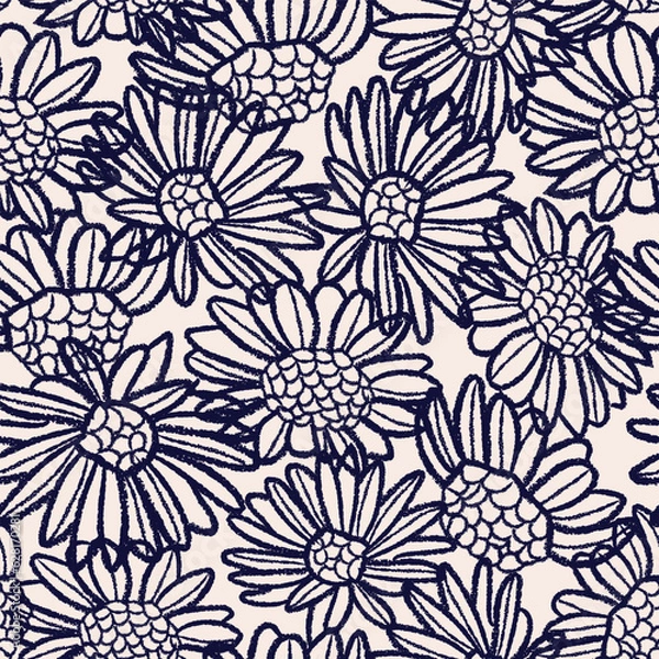 Fototapeta Vector black charcoal camomiles seamless pattern