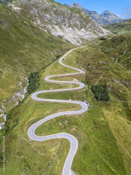 Obraz Aerial view of the winding road over the  Julier Pass in Swiss Alps mountain in summer, Canton Grison, Switzerland