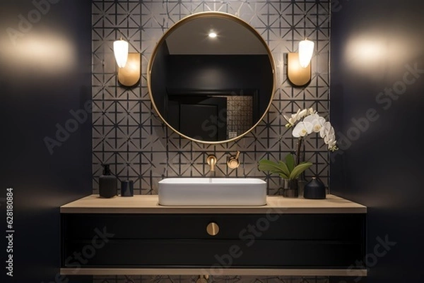 Fototapeta A chic and glamorous powder room with a statement wallpaper, a decorative vanity, and gold accents for a touch of luxury. Generative AI