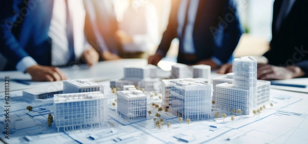 Fototapeta real estate developer, architect and businessmen team working on new modern business park project. complex buildings scale model on table in office. generative AI