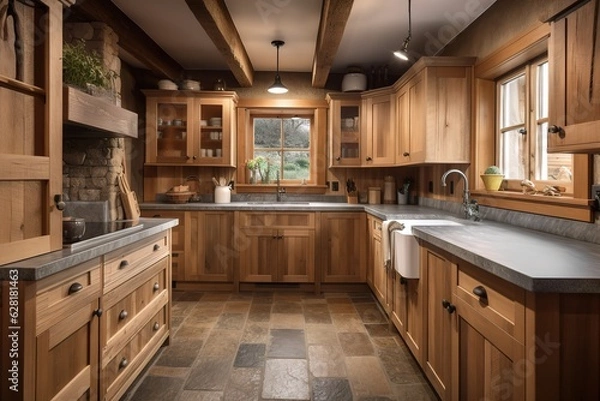 Fototapeta A cozy and rustic cabin-style kitchen with wooden. Generated AI