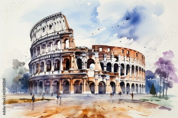 Obraz Watercolor Roman Colosseum with paint splatter. Ancient Roman amphitheater. Generative AI