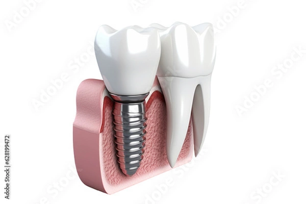 Obraz 3D model of tooth with implant screw isolated on transparent background. Teeth implantation and dental surgery concept. Generative AI.