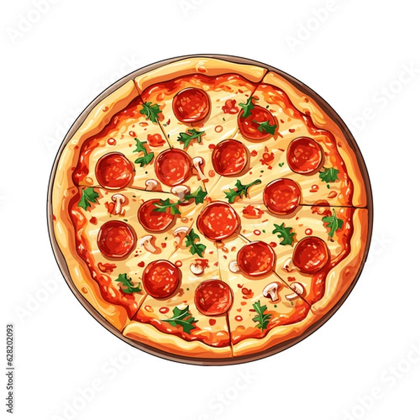 Fototapeta Hand Draw Pizza with various ingredients in cartoon style. Whole and chopped pizza icon. Vector illustration EPS10