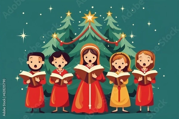 Obraz Christmas Choir Singing in Festive Green Backdrop, Generative AI