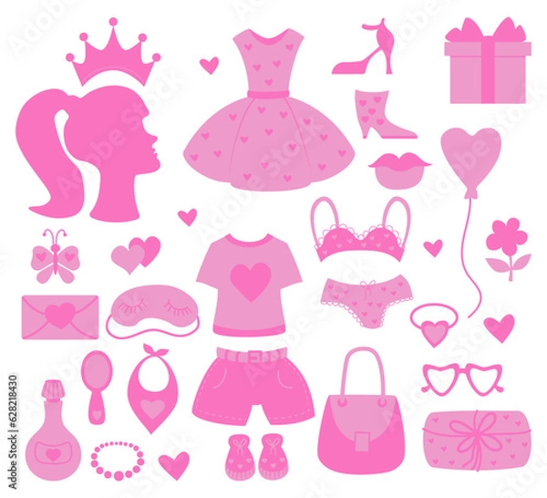 Fototapeta Nostalgic pink barbiecore collection. Vector illustration. Isolated Glamorous elements accessories for girl princess for design National Day March 9 .