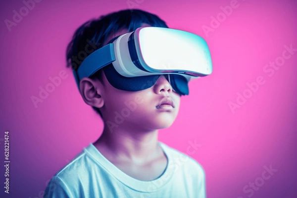 Fototapeta Child wearing VR googles or glasses. Future technology concept. Generative Ai