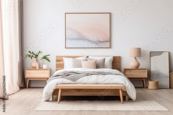 Fototapeta Cozy Modern Bedroom with Wooden Accents. Generative AI