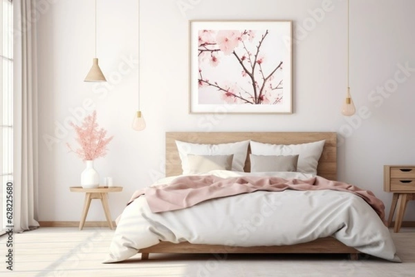 Fototapeta Pink and White Modern Bedroom with Cherry Blossoms. Generative AI