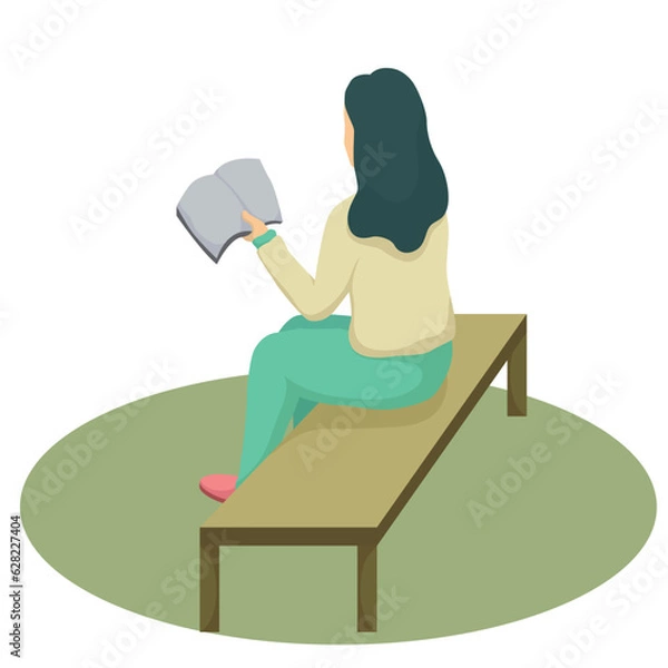 Fototapeta Woman reading a book on the bench in park. Cartoon flat vector illustration isolated on white background.