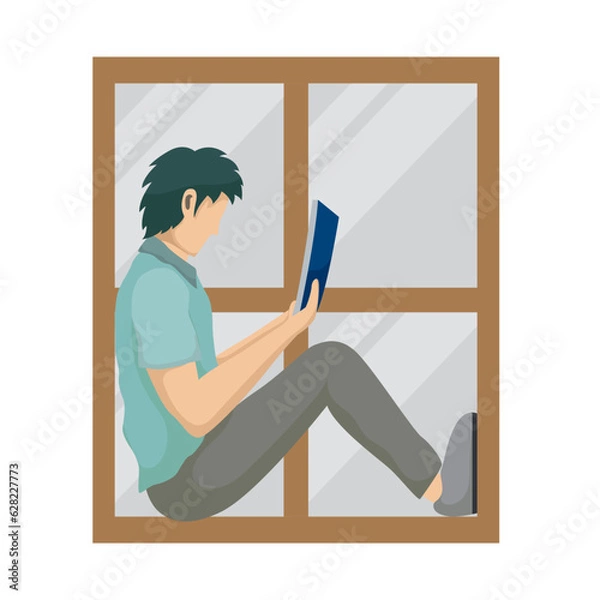 Fototapeta man reading a book in the window of the house