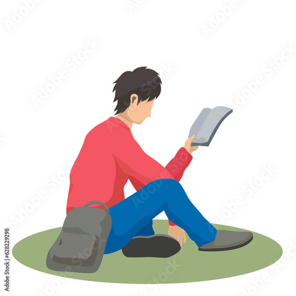 Fototapeta Young people reading books in the park. Summer landscape background. Holidays time. Back to school, Study, Learning, Knowledge and Education vector concept