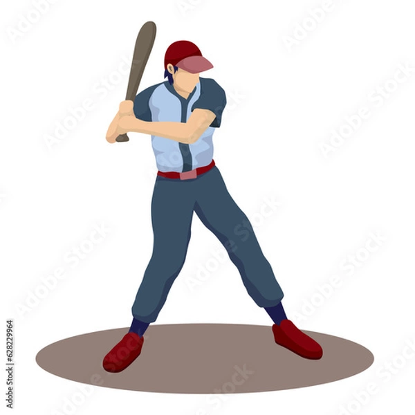 Fototapeta Baseball player character. Sport game, boy play, athlete in cap, vector illustration