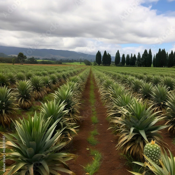 Obraz Pineapple farm, pineapples on the field. Rows of pineapples in field with trees in the background and grass in the foreground. Pineapple plant field. Realistic 3D illustration. Generative AI
