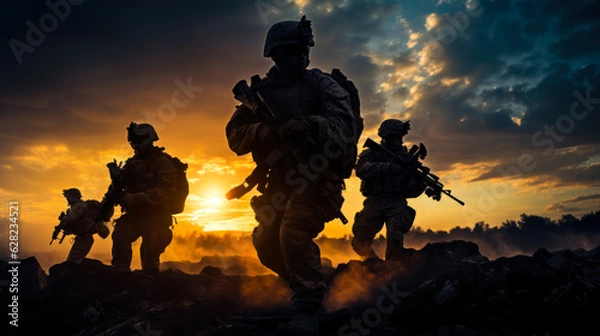 Fototapeta military soldiers storm enemy positions on sunset background generative ai