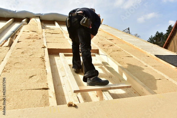 Obraz Dachfenster wird in ein neu zu deckendes Ziegeldach eingebaut