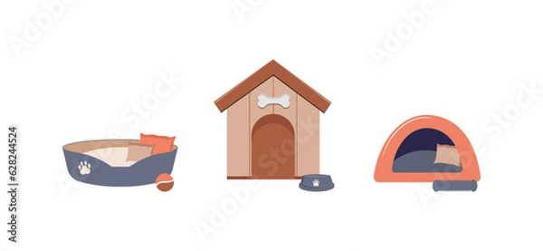 Obraz Set different colorful beds for pets on white background. Cute beds for your favorite cats and dogs. An assortment of goods in the pet store. Flat cartoon vector illustration