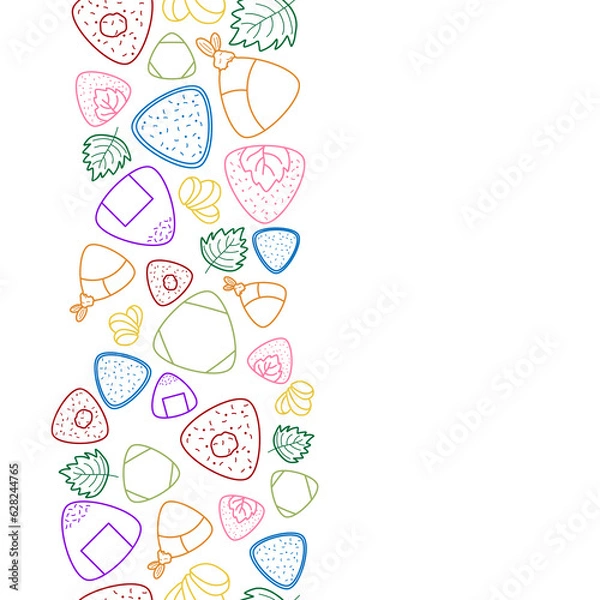 Fototapeta vertical colorful doodle line Various types of Onigiri with pickled ginger and green Shiso concept seamless pattern on white background. abstract vector illustration.