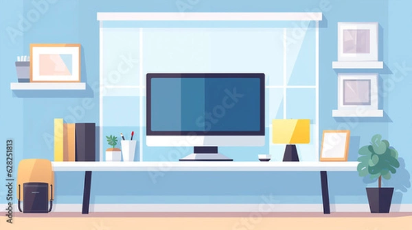Fototapeta A white monitor screen in office cartoon image. Generative AI.