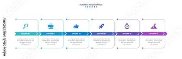 Fototapeta Timeline infographic with infochart. Modern presentation template with 6 spets for business process. Website template on white background for concept modern design. Horizontal layout.