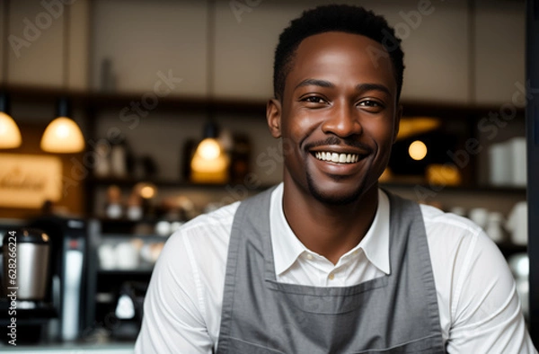 Fototapeta Portrait of a smiling men at work in a vintage cafe.
