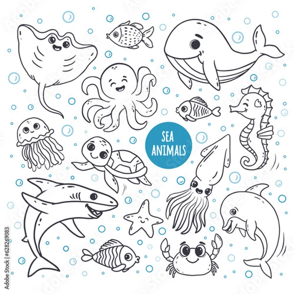 Obraz Set with Sea animals. Hand drawn sea life elements.  Marine life objects for your design. Doodle style . Vector illustration 