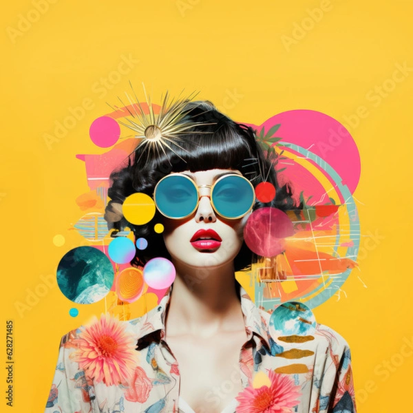Fototapeta 80s style pop collage illustration, fashion model with sunglasses, against vibrant pattern. Fashion, pop art, retro summer travel poster. Generative AI