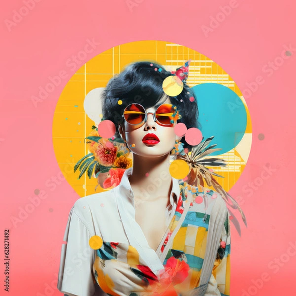Fototapeta 80s style pop collage illustration, fashion model with sunglasses, against vibrant pattern. Fashion, pop art, retro summer travel poster. Generative AI