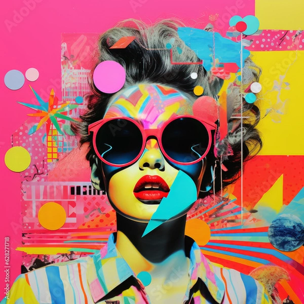 Fototapeta 80s style pop collage illustration, fashion model with sunglasses, against vibrant pattern. Fashion, pop art, retro summer travel poster. Generative AI