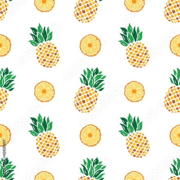 Fototapeta Pineapples Seamless Pattern. Floral Summer Background with Pineapple Tropical Fruit, Slices and Leaves. Vector Illustration
