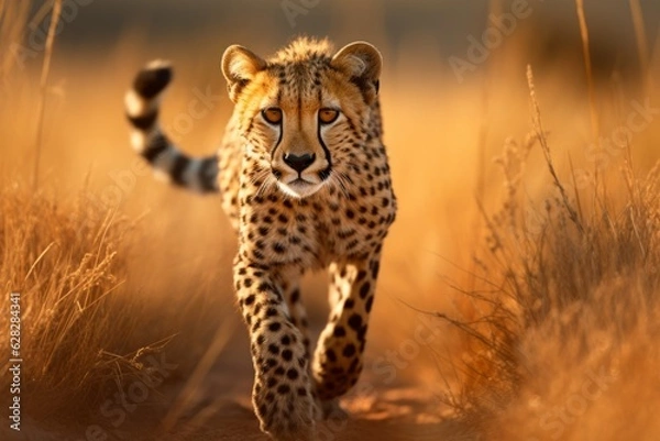 Fototapeta a guepard in african grassland walking towards the camera slowly
