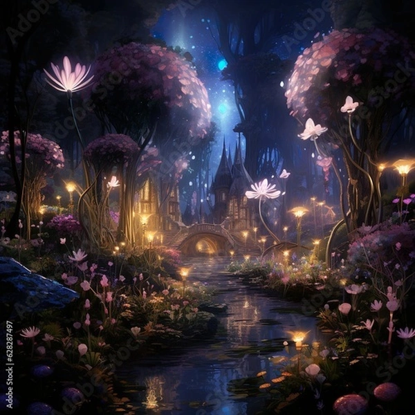 Fototapeta a garden with glowing shiny flowers and magic flowers | Generative AI