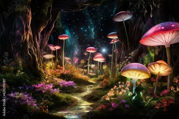 Fototapeta a garden with glowing shiny flowers and magic flowers | Generative AI