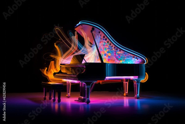 Fototapeta Colorful piano with neon lights and visual sounds. A concept of energetic, passionate music and art. Generative AI.