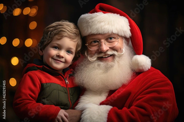 Fototapeta Cute and ruddy Santa Claus holds a 4 year old kid in his arms. Generative AI