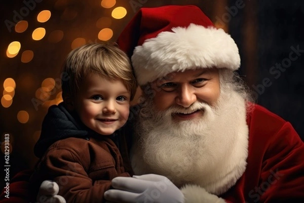 Fototapeta Cute and ruddy Santa Claus holds a 4 year old kid in his arms. Generative AI
