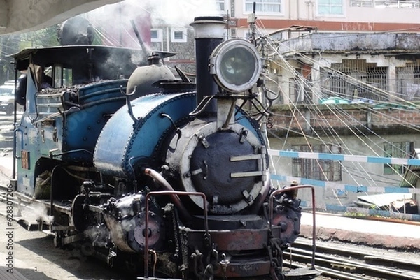 Obraz Iconic blue Darjeeling Himalayan Railway locomotive arriving at Darjeeling station, evoking the nostalgia of a bygone era.