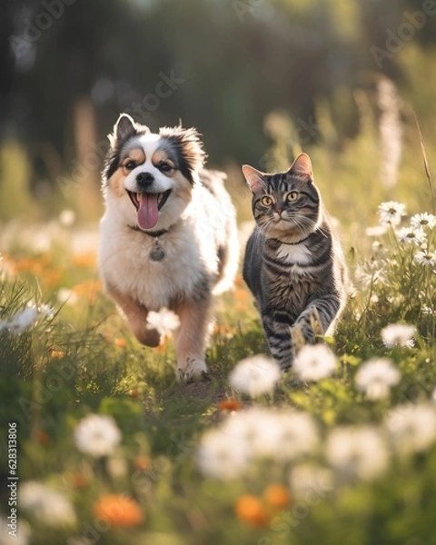 Fototapeta A dog and a cat running side by side in a garden
