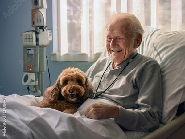 Fototapeta Sick elderly man sitting up in a hospital bed with a dog on his lap.  He is smiling down at the therapy dog, who brings him comfort and joy while he is ill.