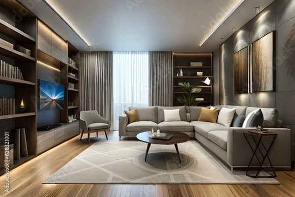 Fototapeta The living room interior in gray and brown tones features a gray sofa on a dark wood floor facing a stone fireplace with built-in shelves.