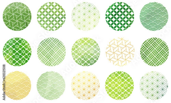 Obraz 水彩風_緑色の丸形の和柄パターンセット