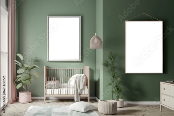 Fototapeta green childrens bedroom nursery or baby room with frames on the wall for use as a mockup , created with AI generative technology 