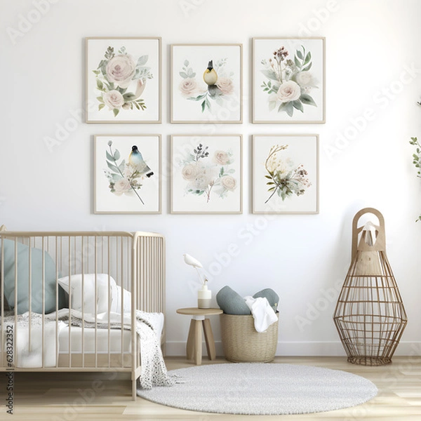 Fototapeta childrens bedroom nursery or baby room six frames on the wall and a crib, white walls and a chair, created with AI generative technology 